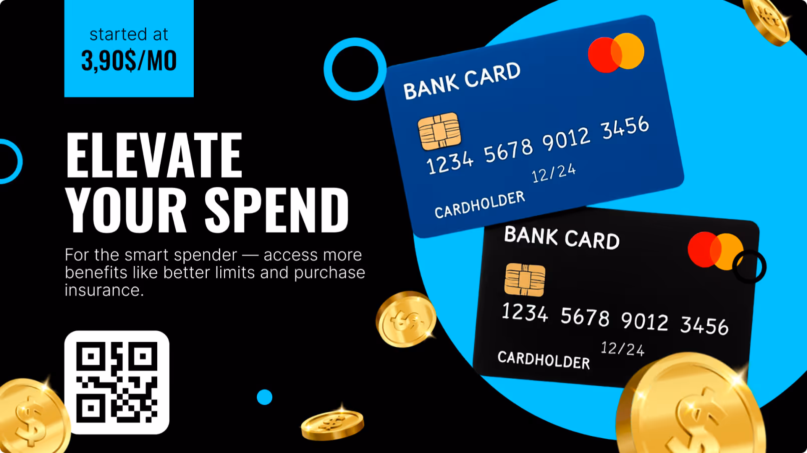 Two bank cards with Mastercard logos and gold coins, promoting smart spending starting at $3.90/month.
