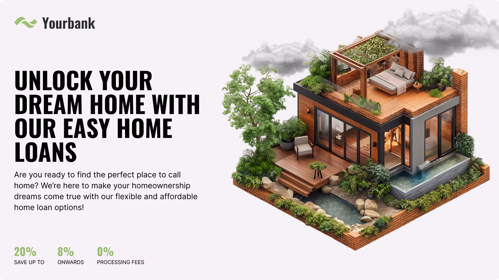 Modern house model with rooftop garden and water features next to text about easy home loans.