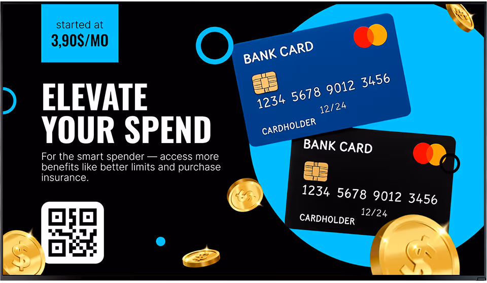 Two bank cards with Mastercard logos on a blue circle background, promotion for spending benefits and $3.90/mo.