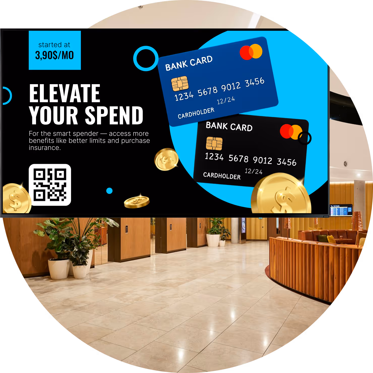 Advertisement showing two bank cards with text 'Elevate your spend' and a starting price of 3.90$/mo.
