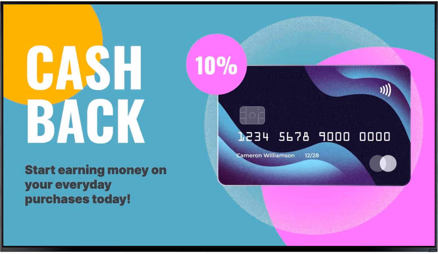 Credit card with 10% cash back offer and text encouraging earning money on everyday purchases.