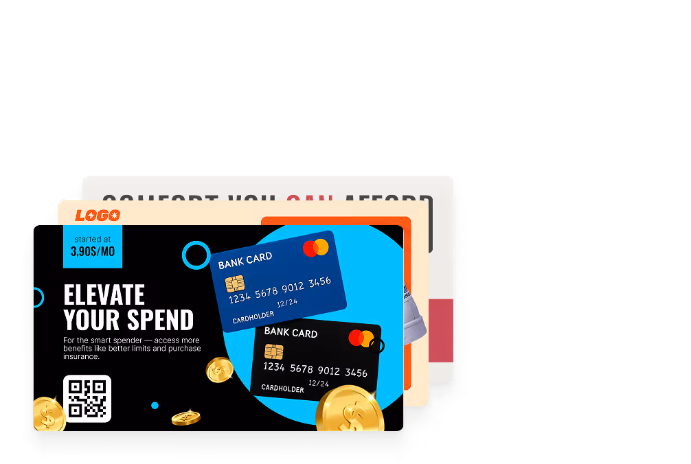 Promotional image showing two bank cards with text about elevating spend and benefits starting at $3.90 per month.