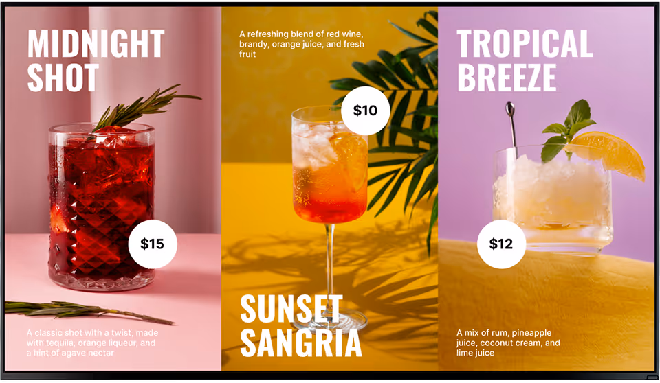 Three cocktails: Midnight Shot with tequila, Sunset Sangria with red wine, Tropical Breeze with rum and pineapple juice.