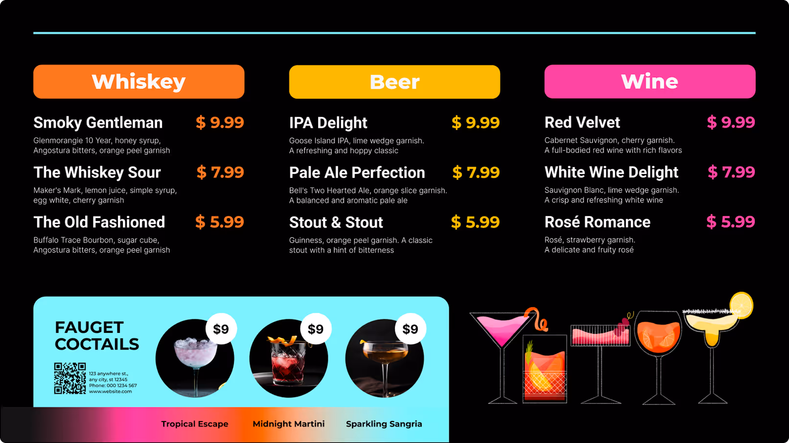 Drink menu with whiskey, beer, wine options, prices, and three $9 cocktails with photos and garnish details.