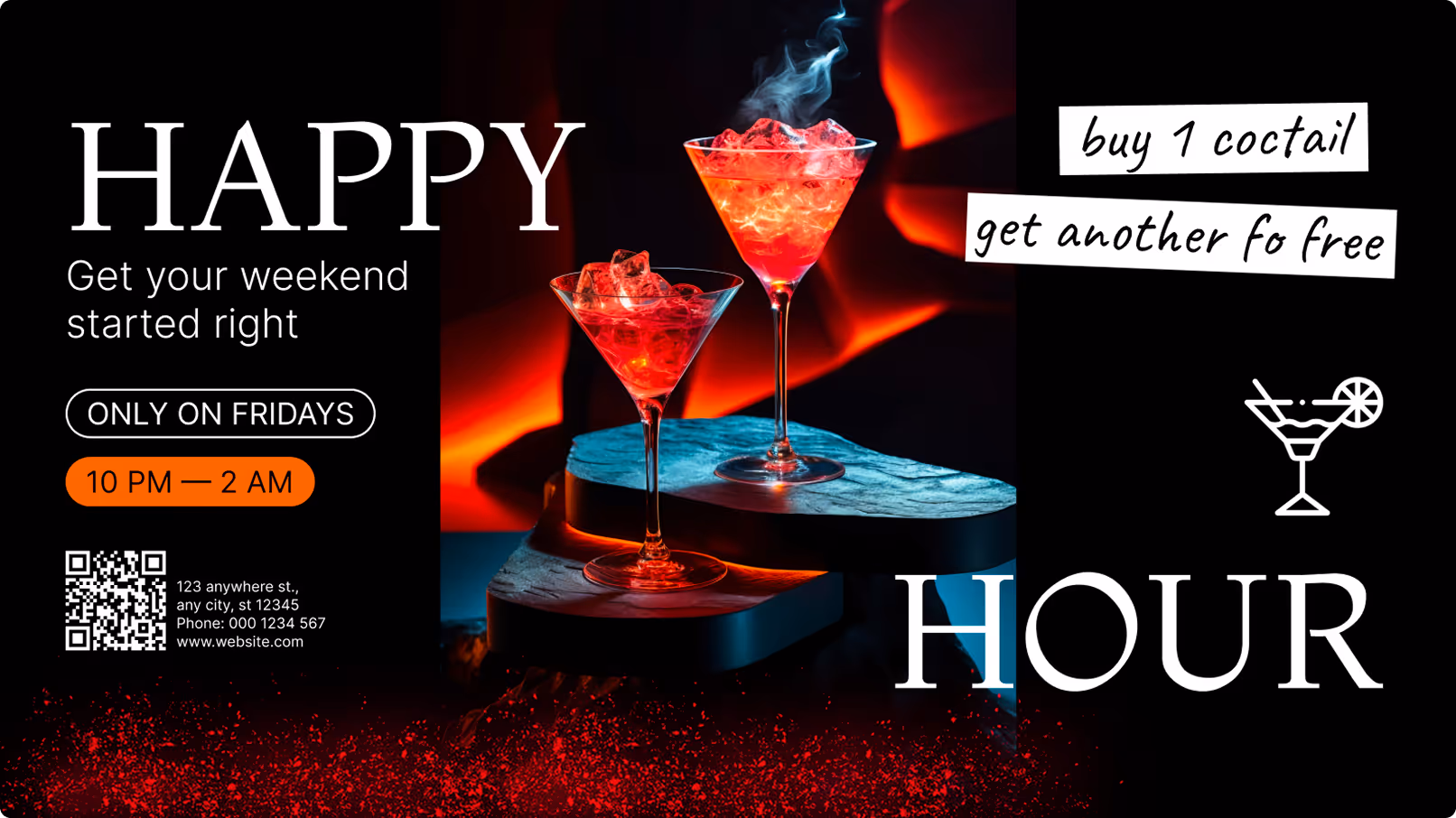 Two red glowing cocktails on stone slabs with smoky background for Friday happy hour 10 PM to 2 AM.