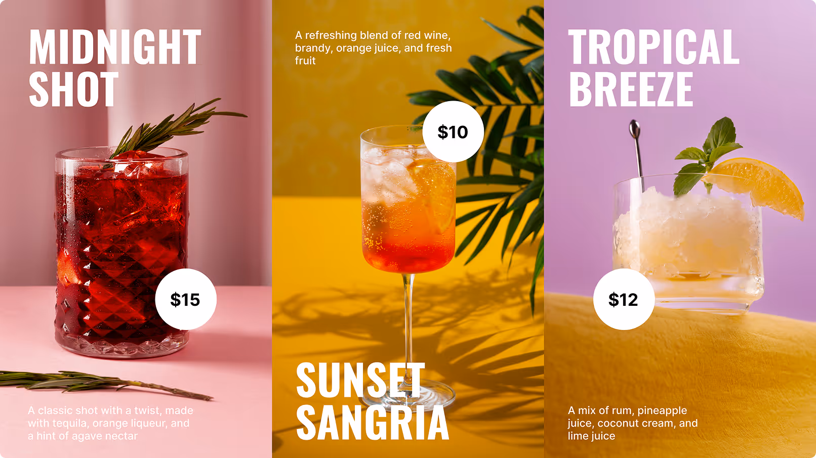 Three cocktails: Midnight Shot with rosemary, Sunset Sangria in a wine glass, Tropical Breeze with mint and orange.
