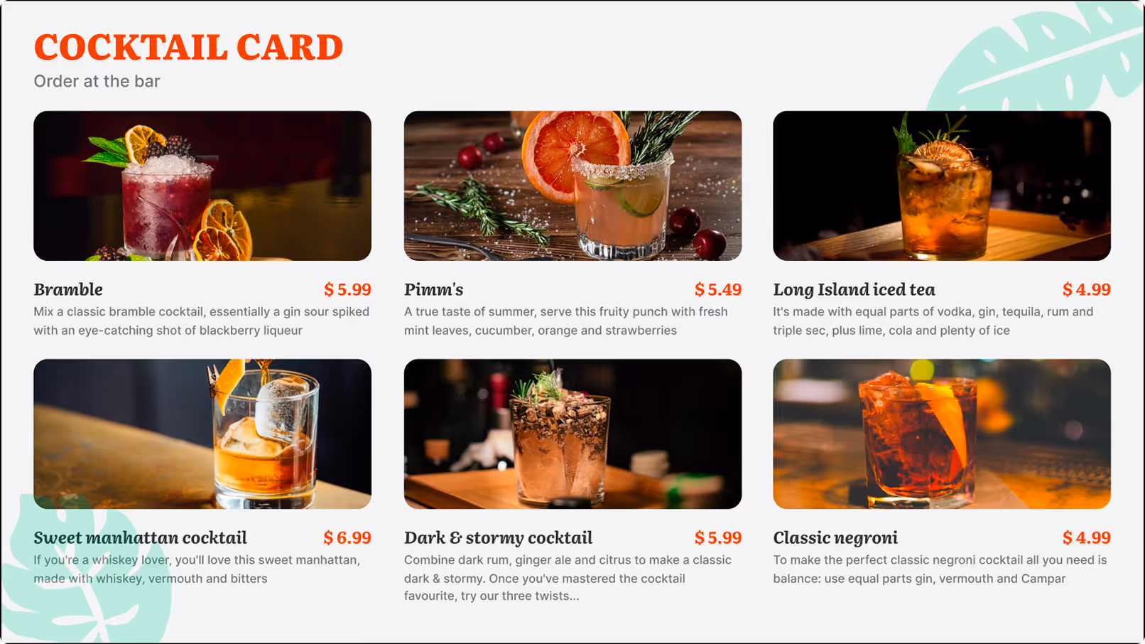 Cocktail card with six drinks: Bramble, Pimm's, Long Island iced tea, Sweet Manhattan, Dark & Stormy, Classic Negroni.