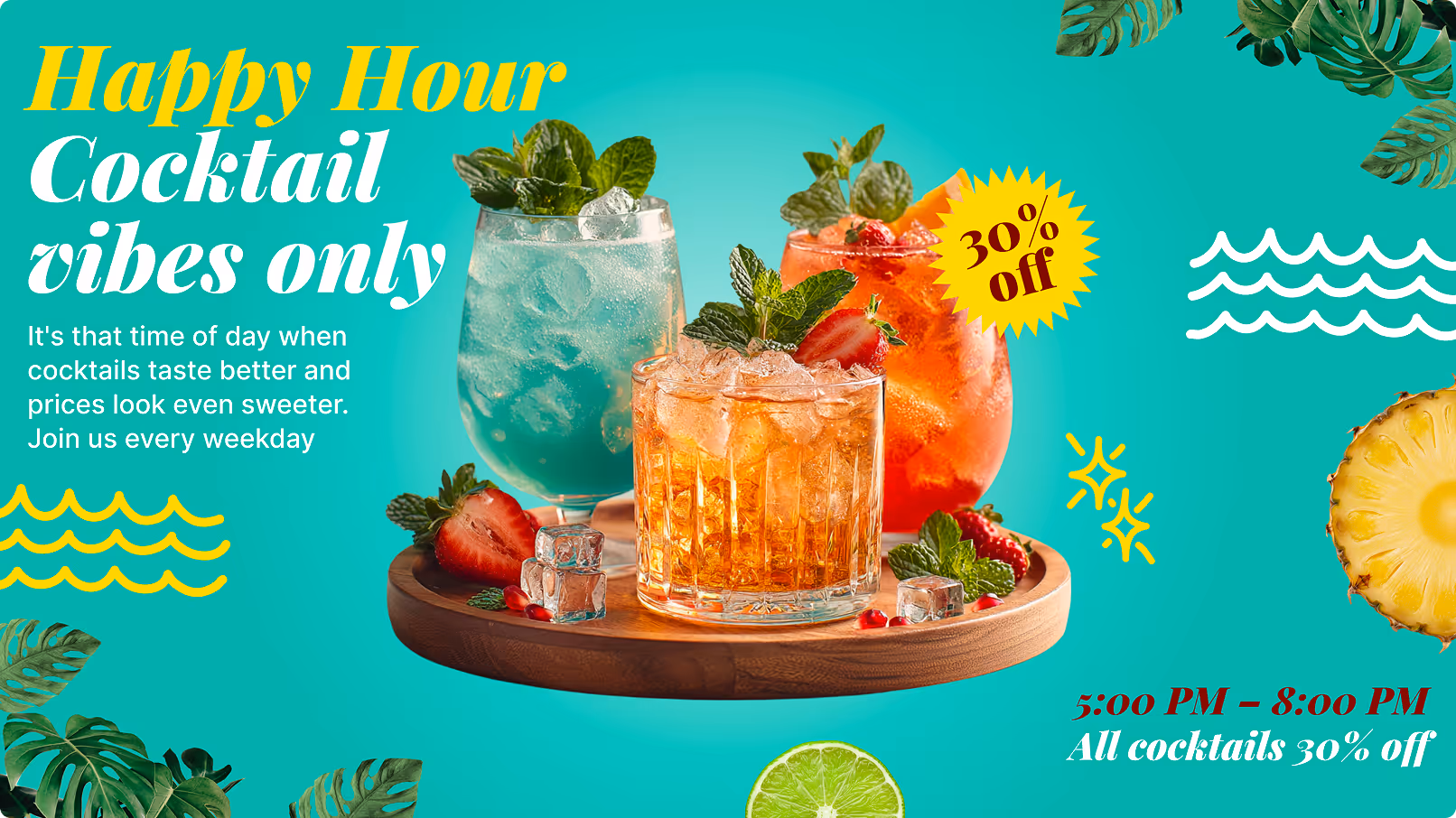 Three colorful cocktails on a wooden tray with mint, strawberry, and orange garnishes, 30% off happy hour offer.