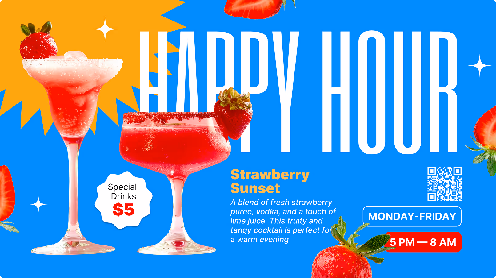 Two red strawberry cocktails garnished with strawberries against a blue background with happy hour text.