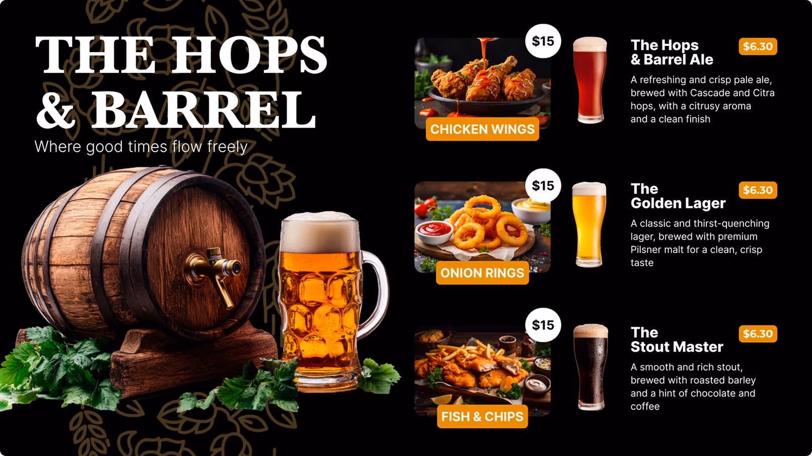 Wooden beer barrel with mug and menu featuring chicken wings, onion rings, fish & chips with beer pairings.