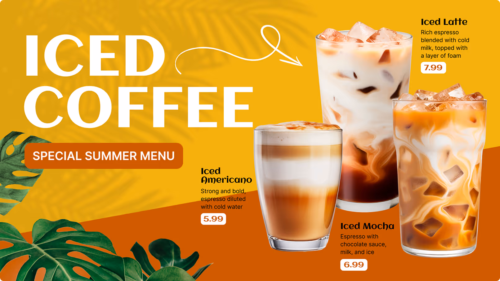 Special summer menu with iced latte, iced mocha, and iced americano coffee drinks with prices.