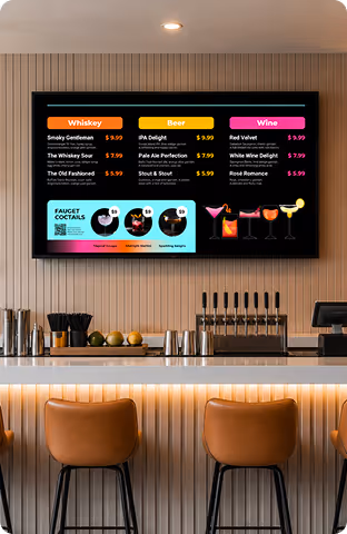 Bar counter with three orange stools under a digital screen menu showing whiskey, beer, wine, and cocktail options.