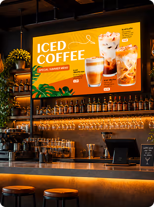 Cafe counter with hanging glasses and a bright menu board showing iced coffee drinks.