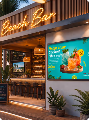 Outdoor beach bar with neon sign, bar stools, hanging lights, plants, and a colorful happy hour cocktail sign.