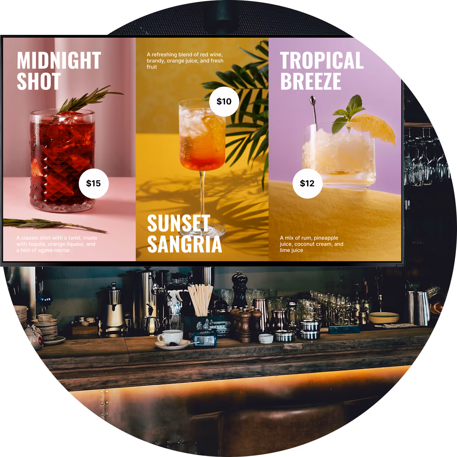 Bar menu displays three cocktails: Midnight Shot $15, Sunset Sangria $10, Tropical Breeze $12 with ingredients.
