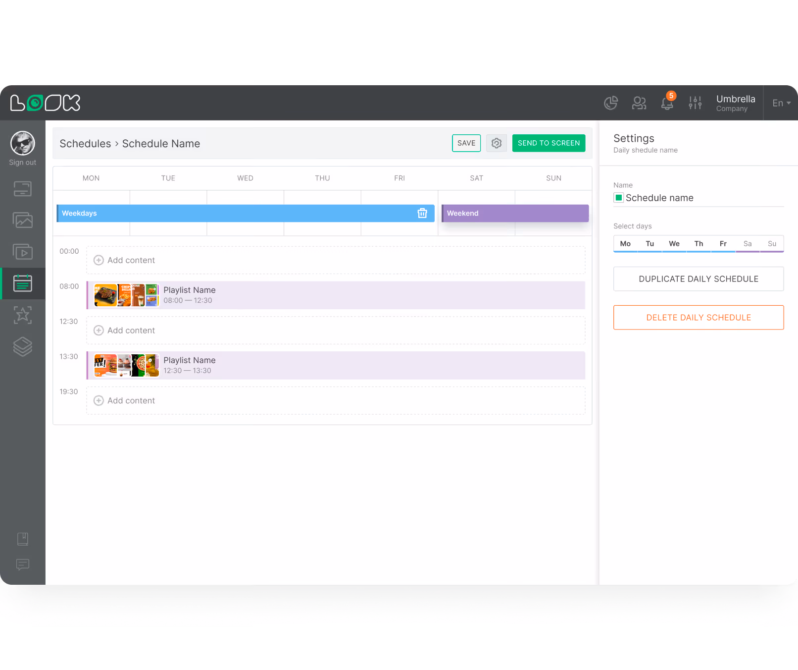 Digital schedule interface showing weekdays and weekend playlists with options to add, duplicate, or delete content.