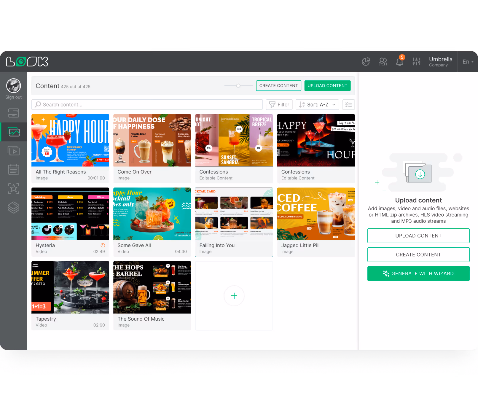 Dashboard interface showing content library of images and videos with upload and create content options.