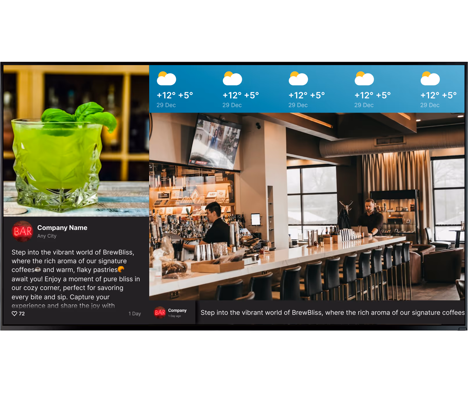 Modern bar interior with bartenders, long counter, high chairs, and a green cocktail with basil garnish.