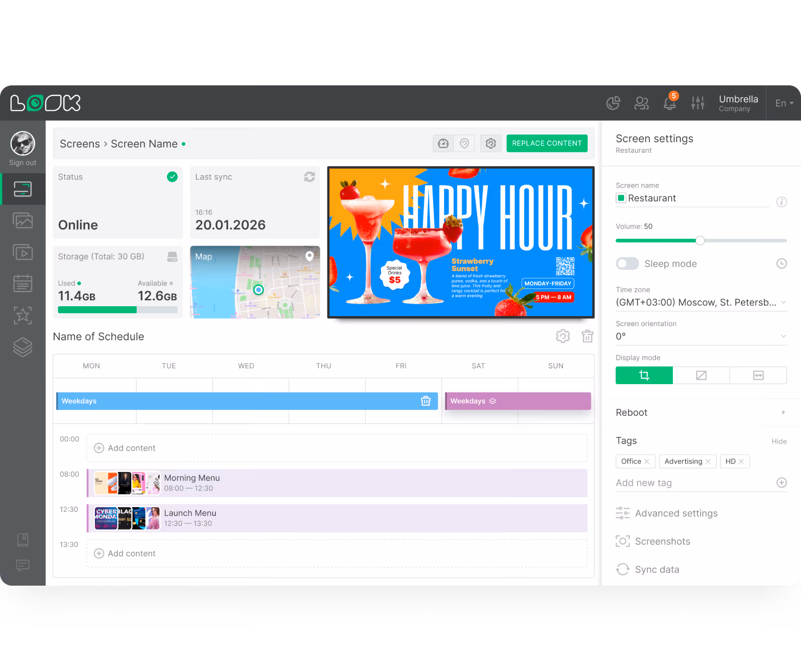 Dashboard showing screen status online, storage used and available, map, happy hour ad, and schedule for weekdays menus.