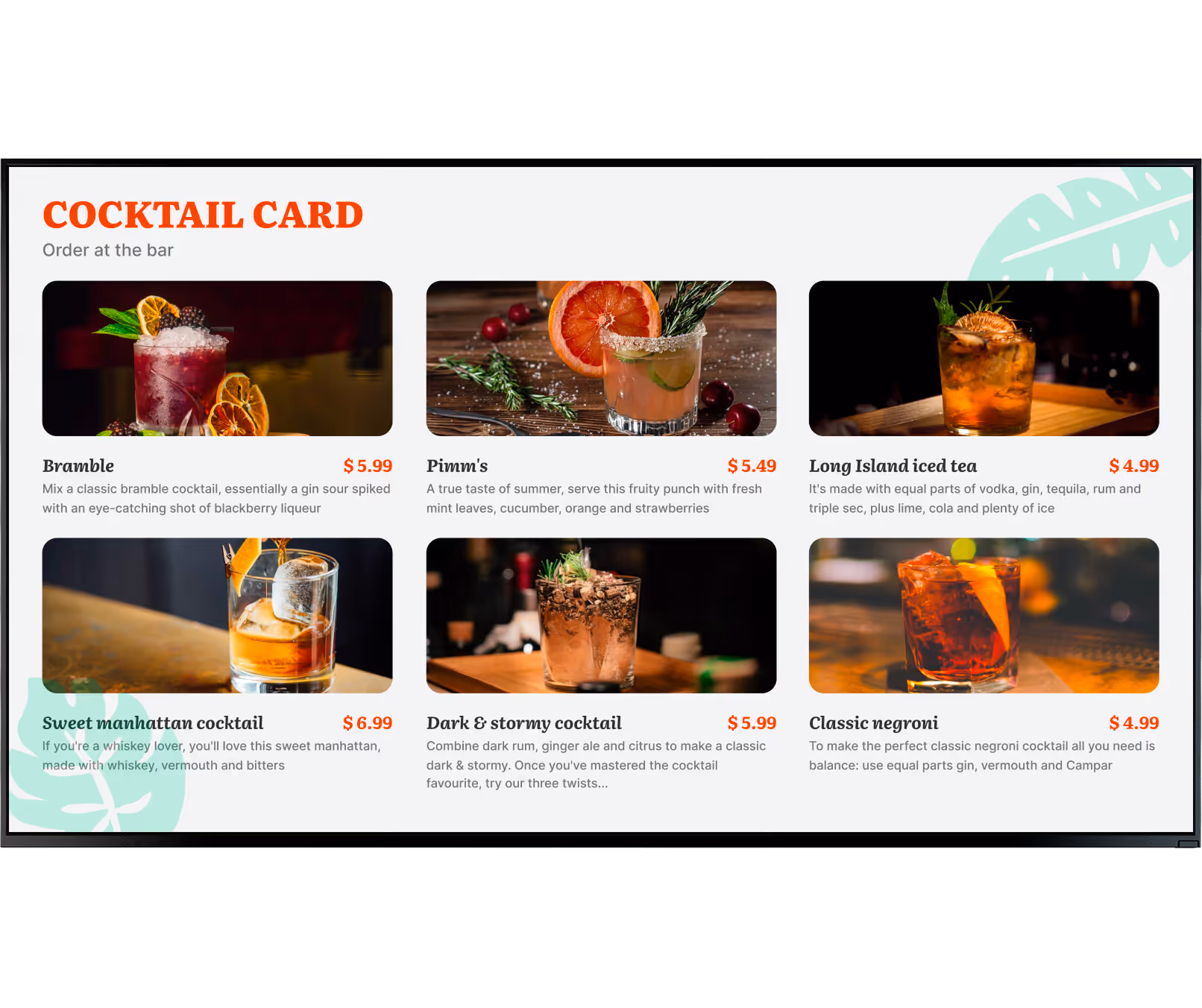 Cocktail card with six drinks: Bramble, Pimm's, Long Island iced tea, Sweet manhattan, Dark & stormy, Classic negroni.