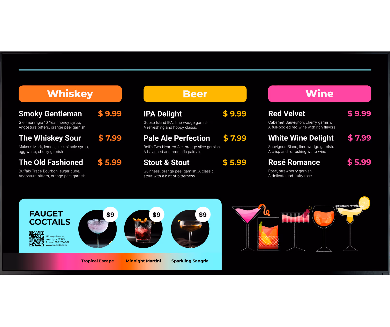 Drink menu showing whiskey, beer, wine options with prices and cocktail images with names and $9 price tags.