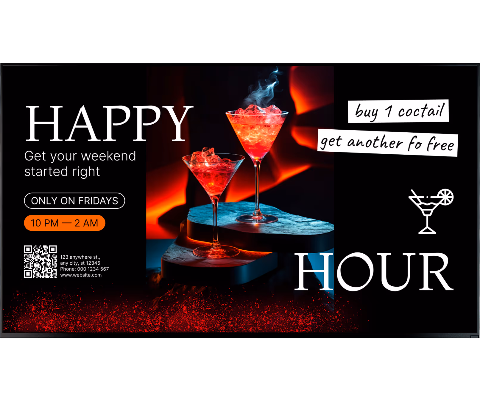 Two red cocktails with ice in martini glasses on a dark abstract stand with red lighting.