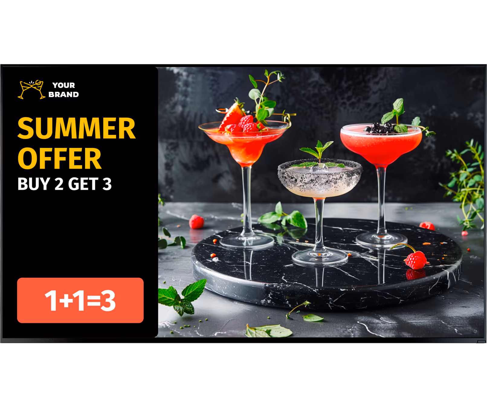 Three elegant cocktails on black marble serving tray with berries and mint garnish.