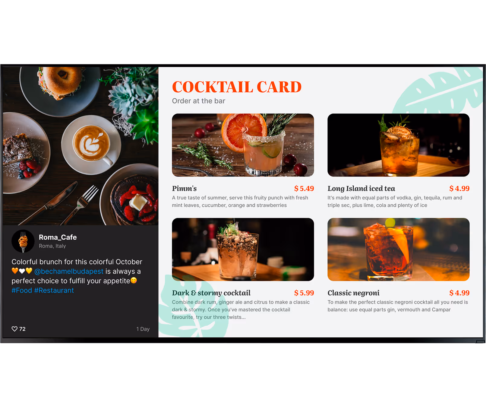 Cocktail card showing Pimm's, Long Island iced tea, Dark & stormy, and Classic negroni with descriptions and prices.