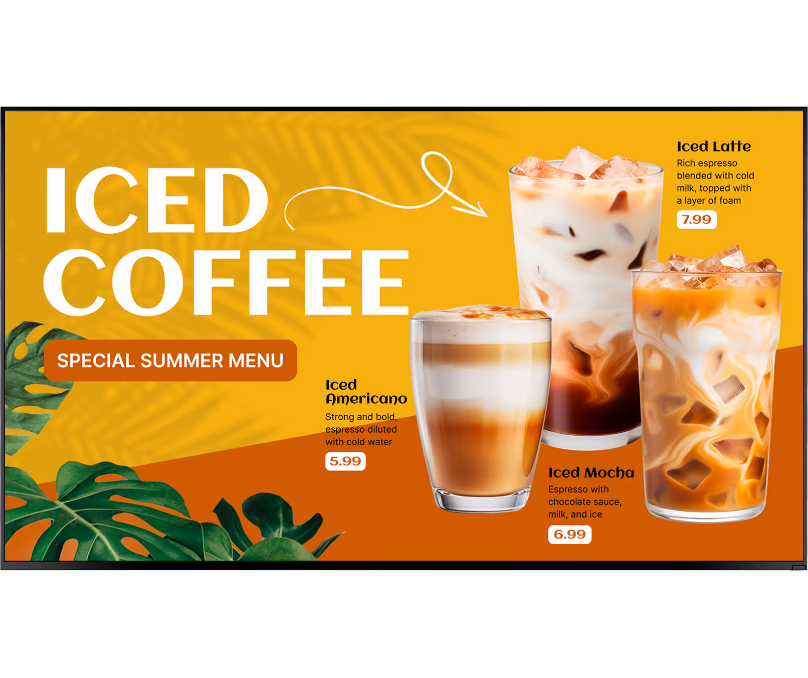 Special summer menu featuring iced coffee drinks: Americano $5.99, Mocha $6.99, Latte $7.99.
