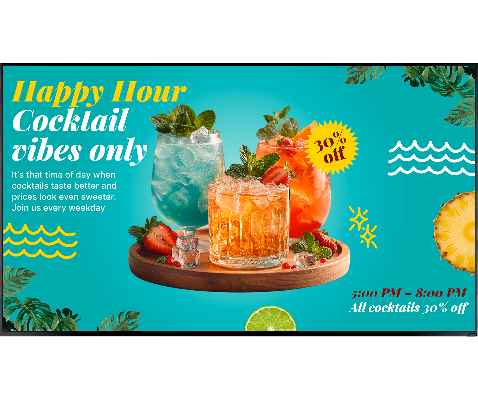 Three colorful cocktails with mint and fruit on a wooden tray against a turquoise background with happy hour text.