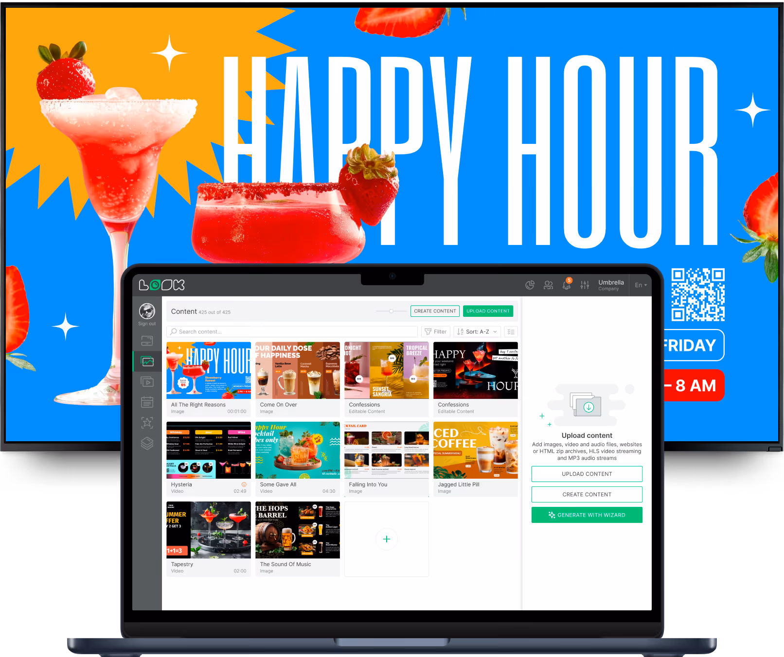 Laptop screen showing content management interface with happy hour drink images and videos.