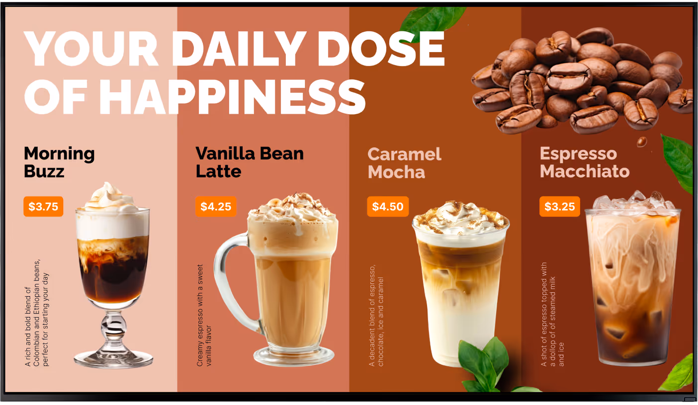 Menu shows four coffee drinks with prices: Morning Buzz, Vanilla Bean Latte, Caramel Mocha, Espresso Macchiato.