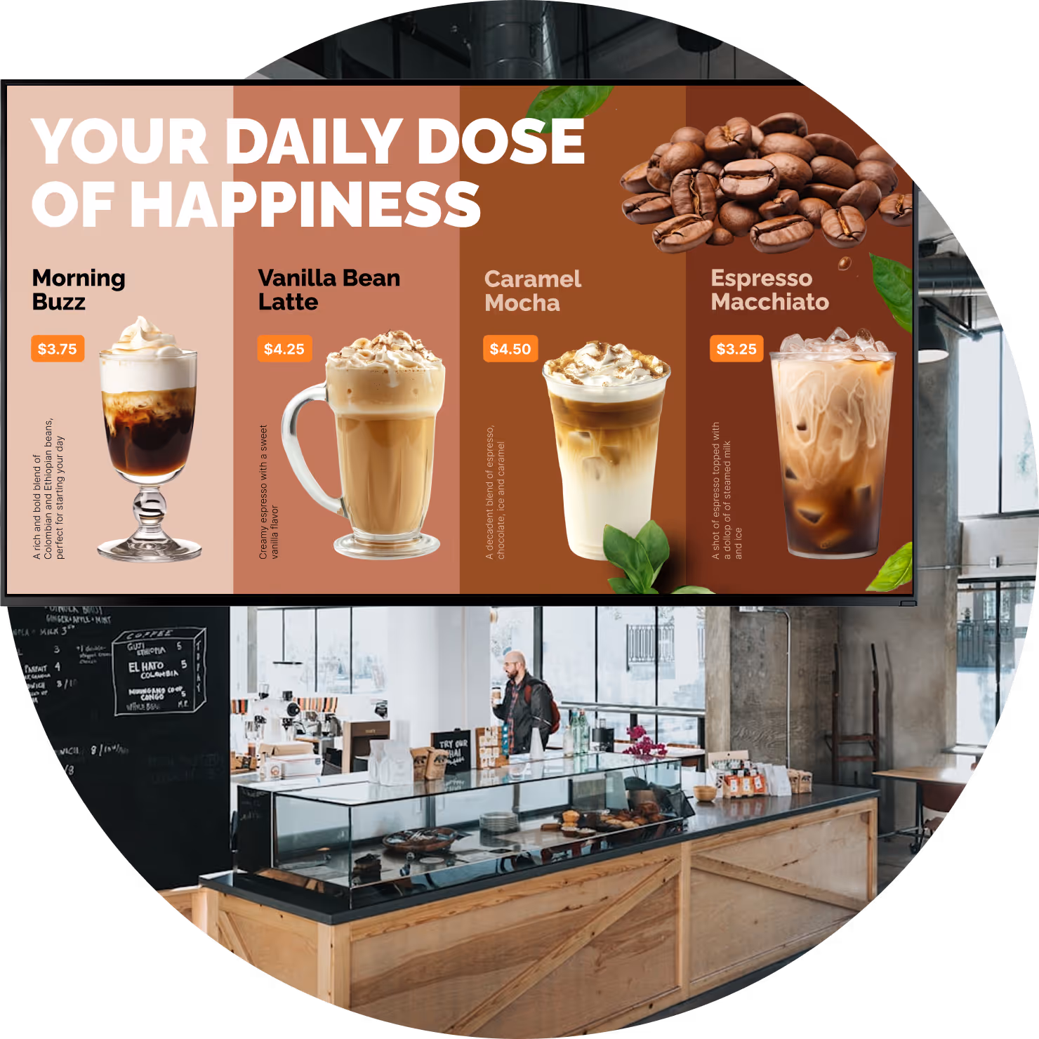 Coffee shop interior with a menu displaying four coffee drinks and prices above the counter.