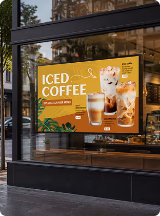 Cafe window sign advertising iced coffee special summer menu with iced latte, mocha, and caramel macchiato.
