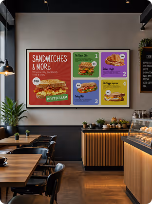 Restaurant interior with a sandwich menu on the wall listing four sandwich options and prices.