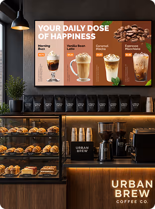 Coffee shop menu showing Morning Buzz, Vanilla Bean Latte, Caramel Mocha, and Espresso Macchiato drinks.
