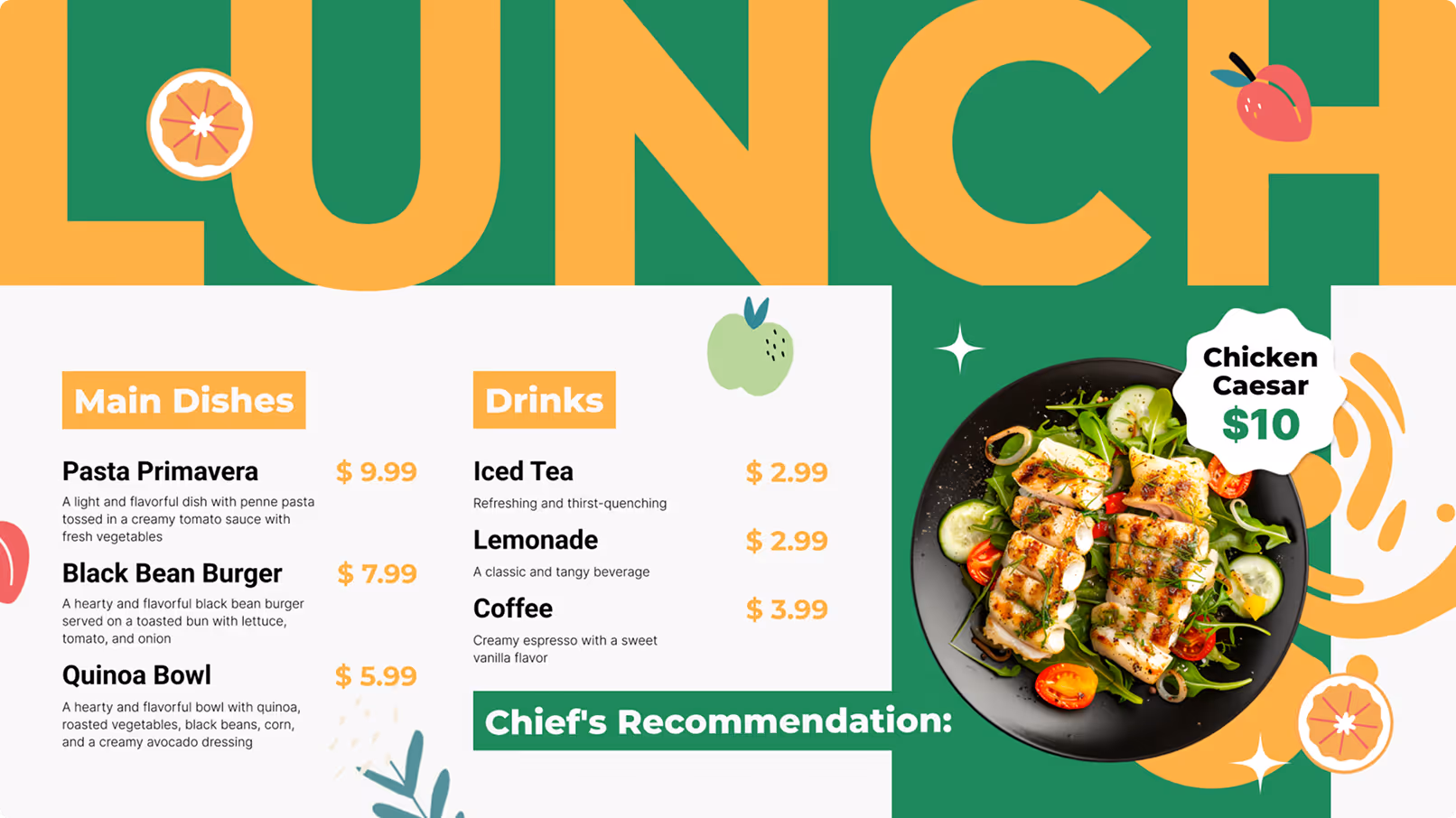 Lunch menu with main dishes, drinks, and a chicken Caesar salad on a green background.