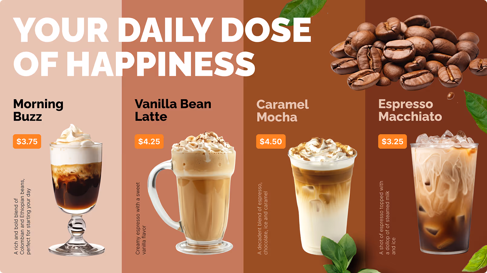 Menu of four coffee drinks with prices and descriptions against brown gradient background