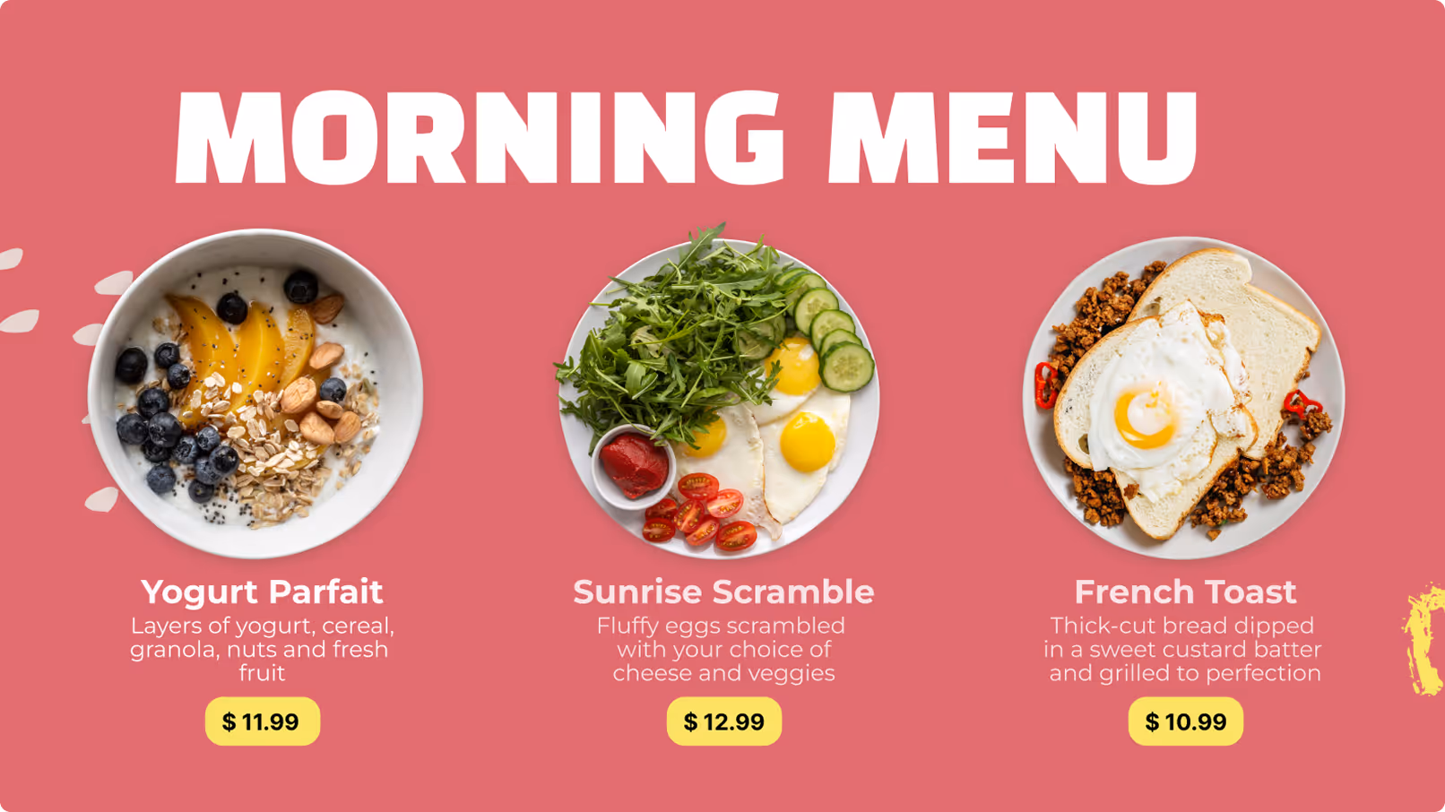 Morning menu with yogurt parfait, scrambled eggs with veggies, and French toast with fried egg plates.