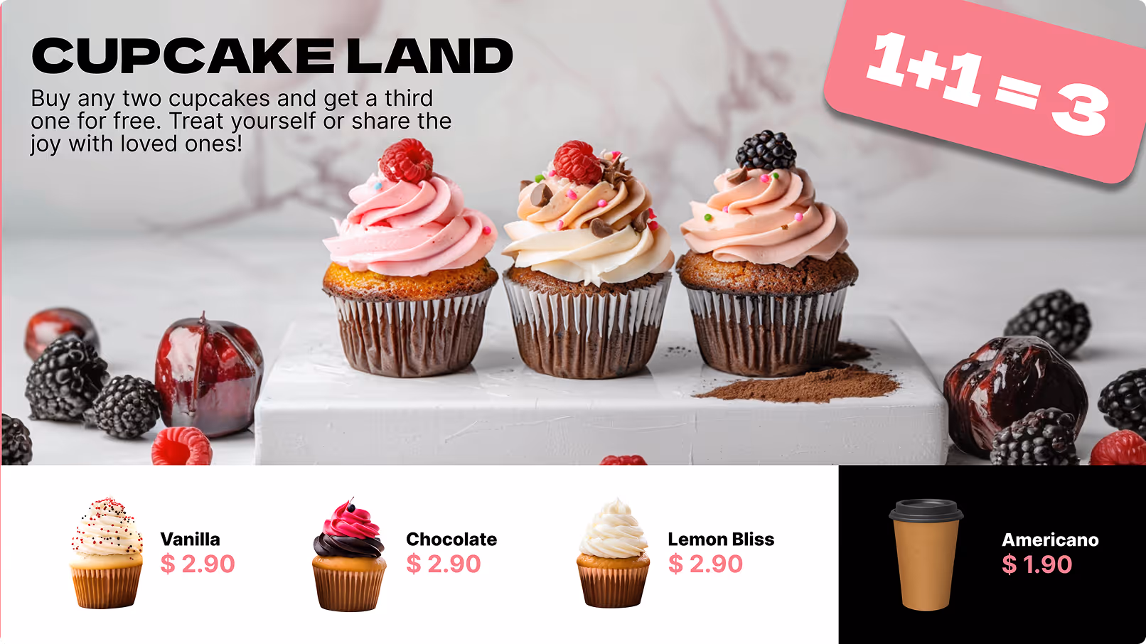 Three cupcakes with pink and white frosting topped with berries, buy two get one free promotion.