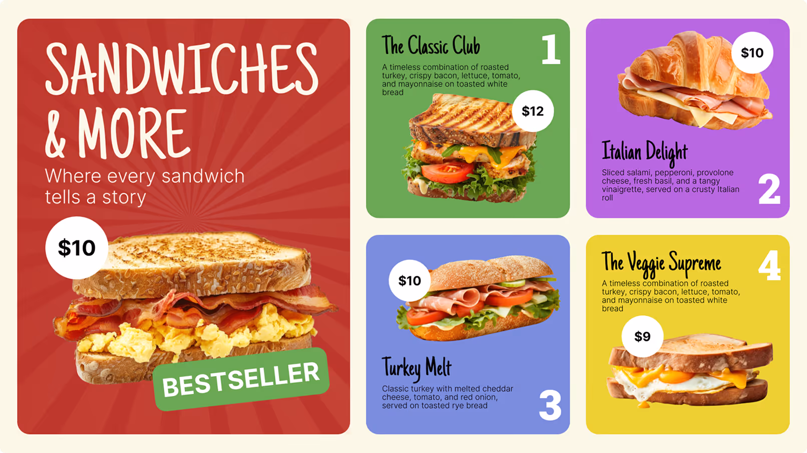 Menu showing four sandwiches with descriptions and prices from $9 to $12, featuring bacon, turkey, and cheese.
