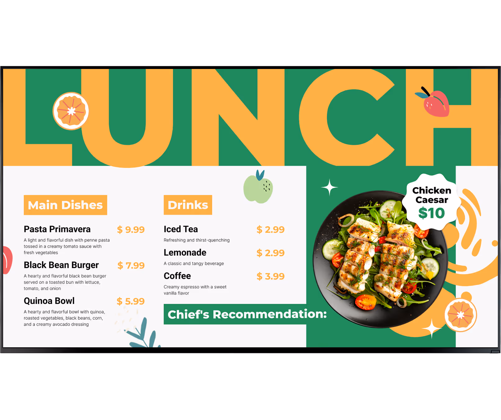 Lunch menu with main dishes Pasta Primavera, Black Bean Burger, Quinoa Bowl, drinks, and Chicken Caesar $10.