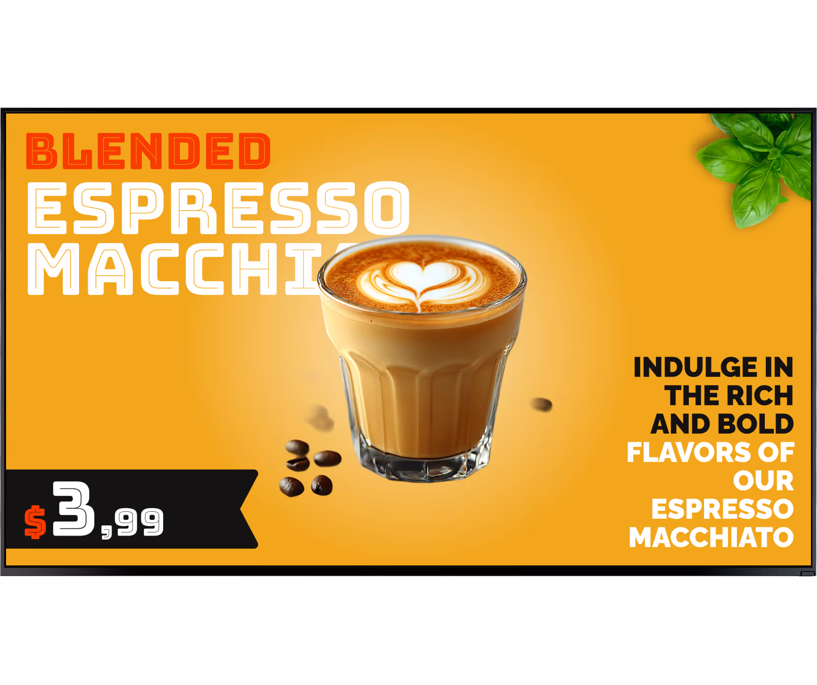 Glass of blended espresso macchiato with foam art and coffee beans on a yellow background.