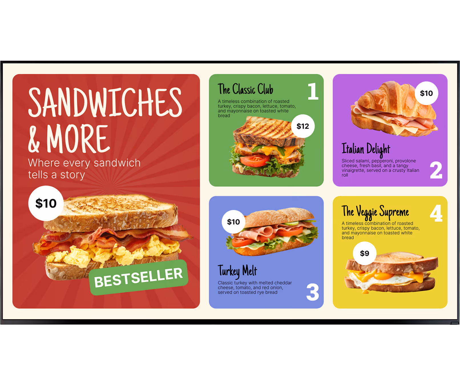 Menu of five sandwiches with prices and descriptions including classic club and Italian delight.