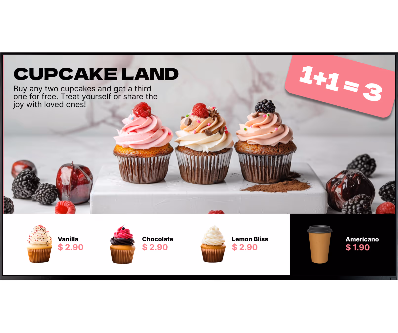 Three decorated cupcakes on white block with offer to buy two get one free and prices for cupcakes and Americano.