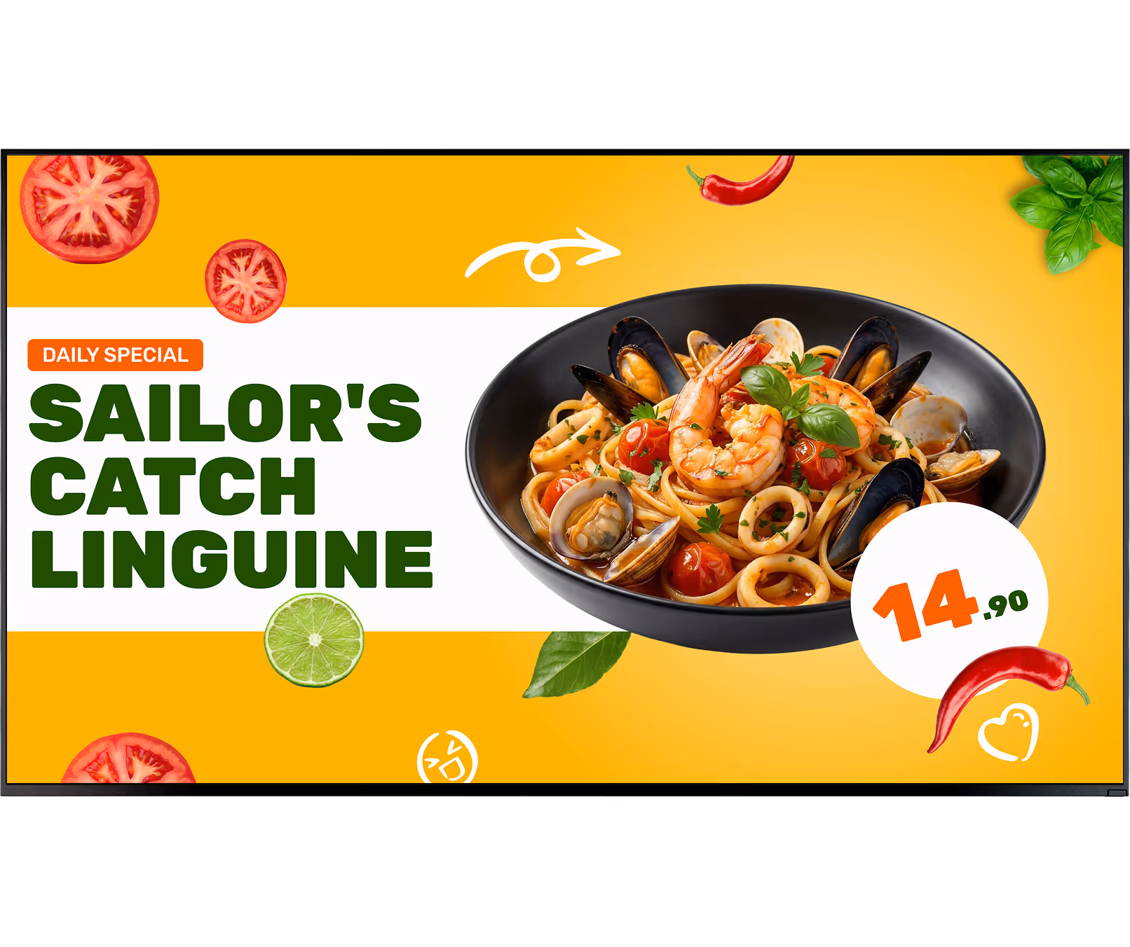 Bowl of seafood linguine with shrimp, clams, mussels, and cherry tomatoes on a yellow background.