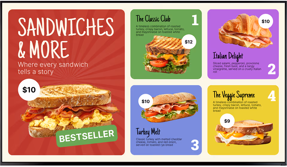 Menu showing five sandwiches with prices, including bestseller sandwich for $10 and Classic Club for $12.