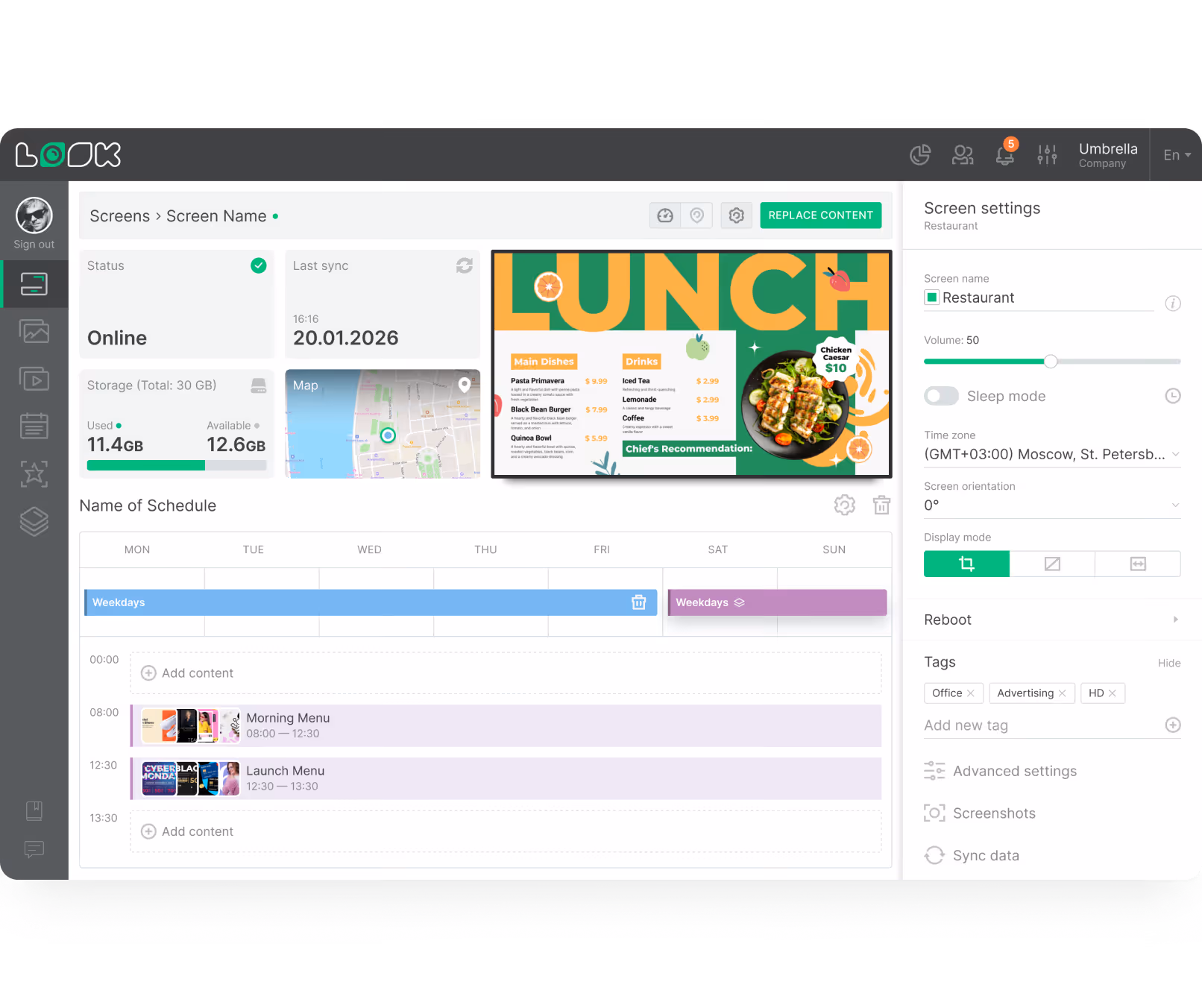 Digital screen management interface showing schedule, storage, map, and a lunch menu preview with dishes and drinks.