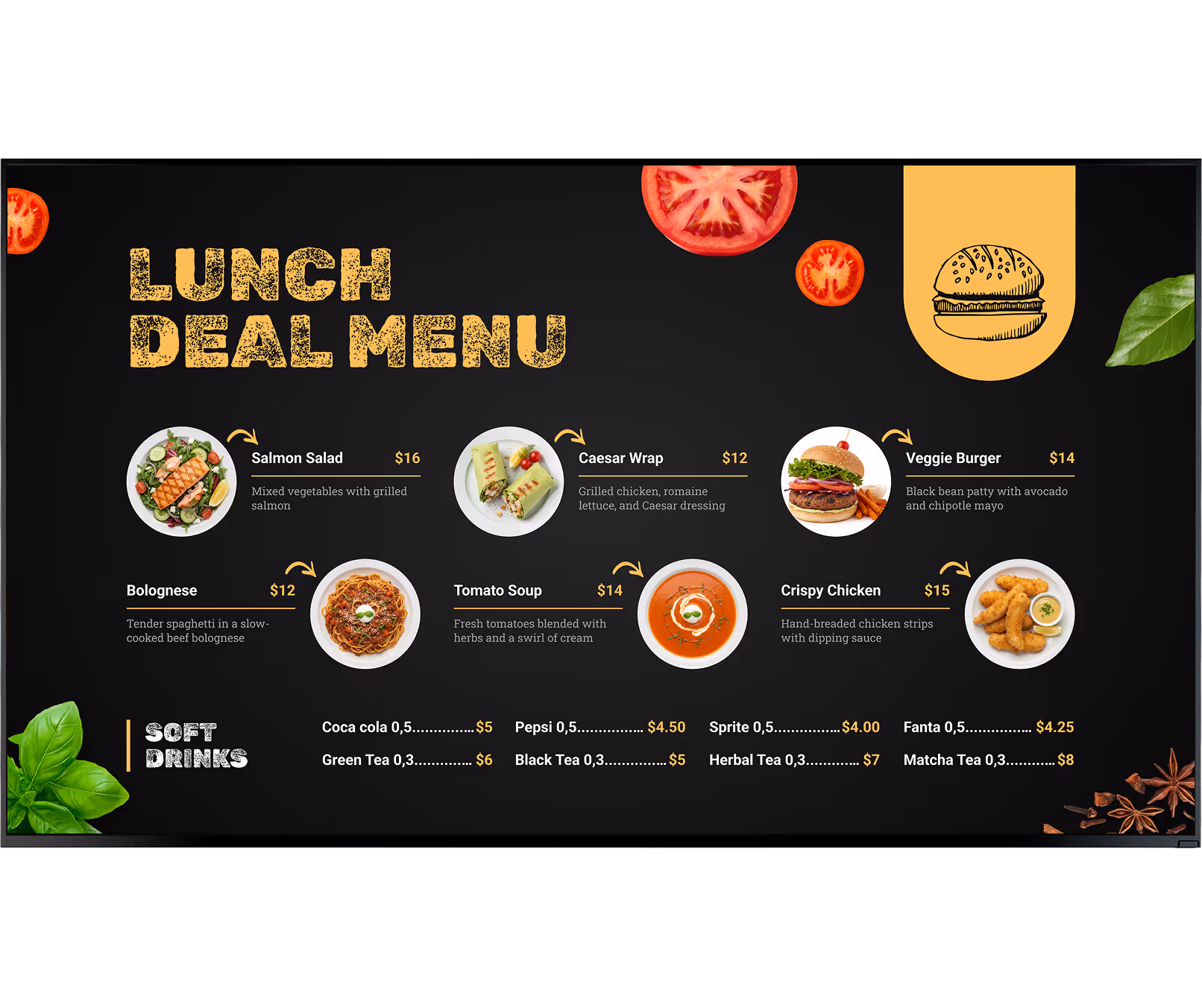 Lunch menu with salmon salad, caesar wrap, veggie burger, bolognese, tomato soup, crispy chicken, and soft drinks prices.