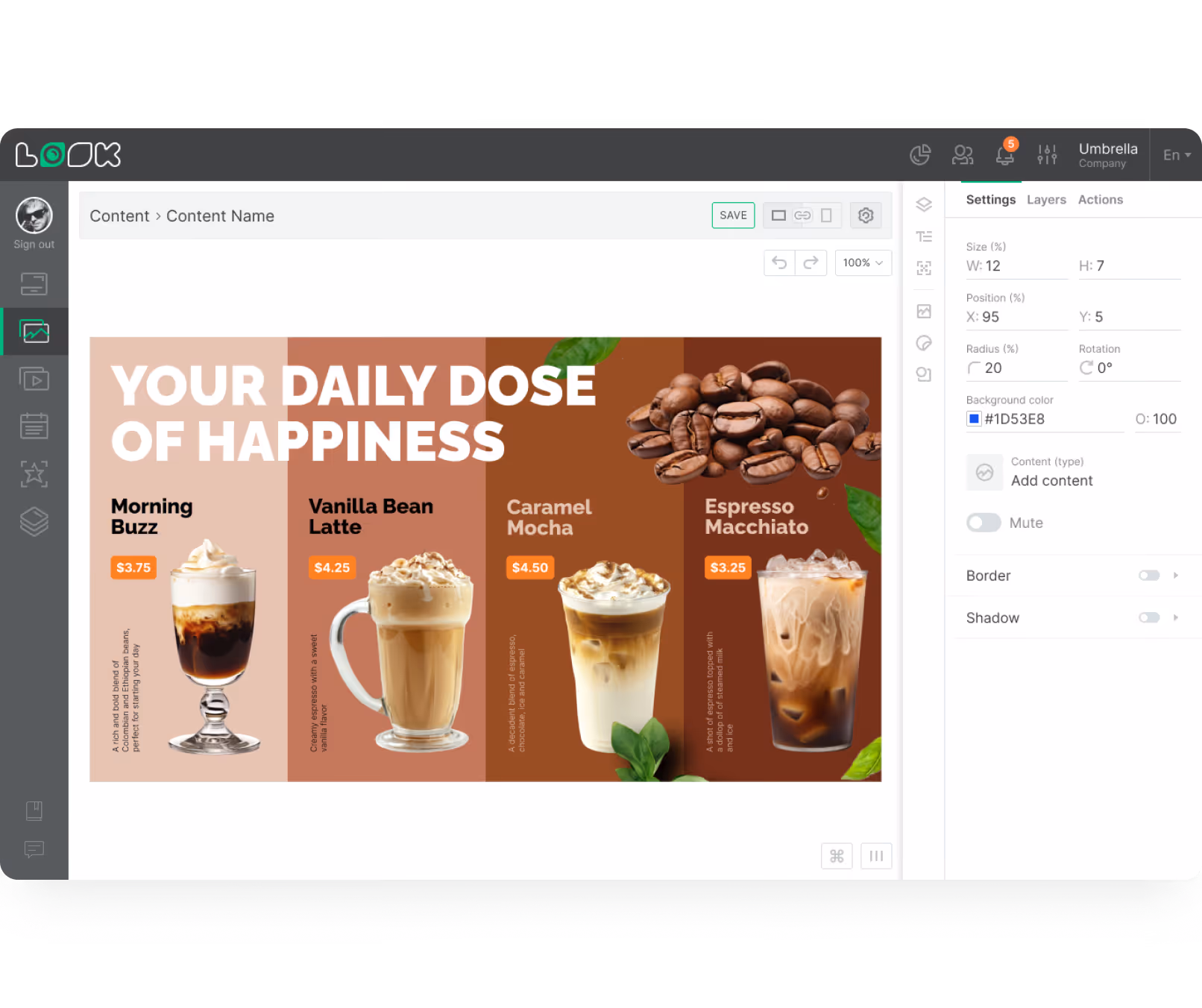 Menu graphic showing four coffee drinks with prices: Morning Buzz, Vanilla Bean Latte, Caramel Mocha, Espresso Macchiato.